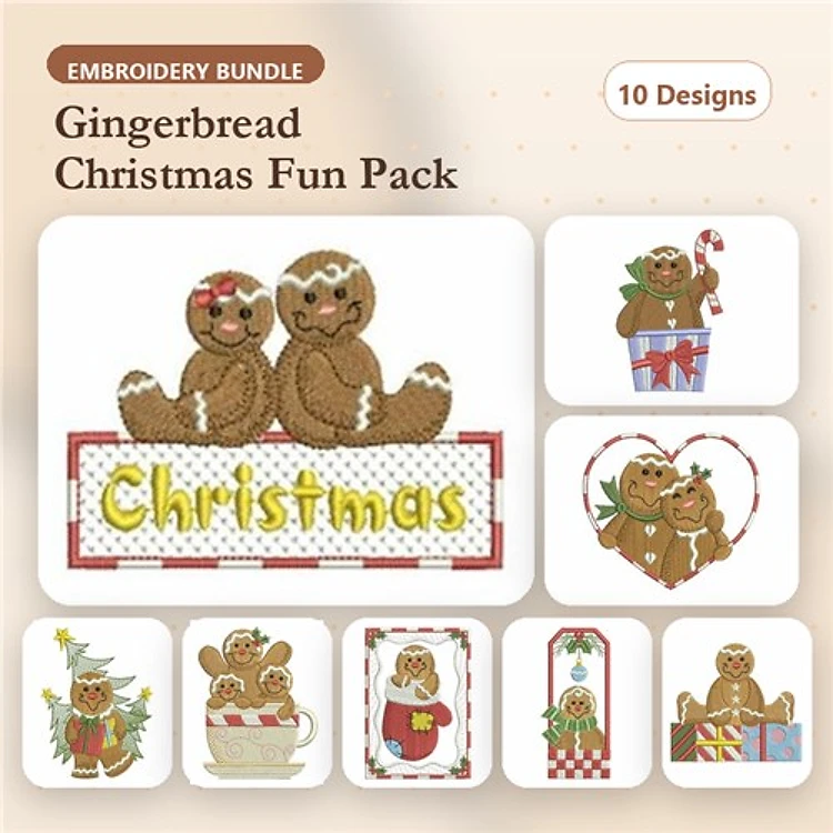 Gingerbread Christmas Embroidery Designs Bundle – Gingerbread Couple, Christmas Sign, Gingerbread Heart & More (10 Designs)