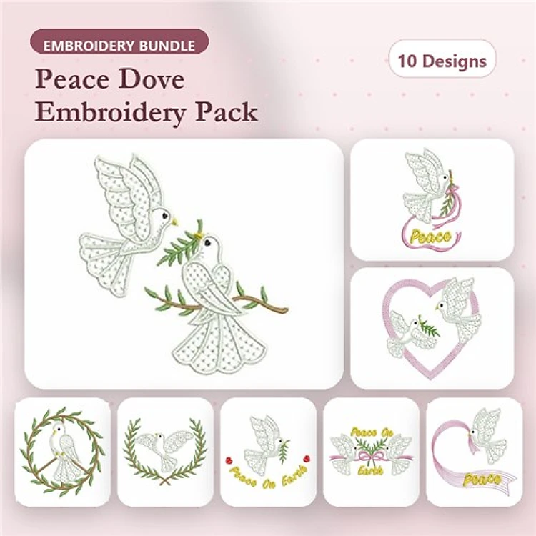 Peace Doves Embroidery Designs Bundle – Flying Dove with Olive Branch, Dove Pair with Olive Branch, Dove in Heart & More (10 Designs)