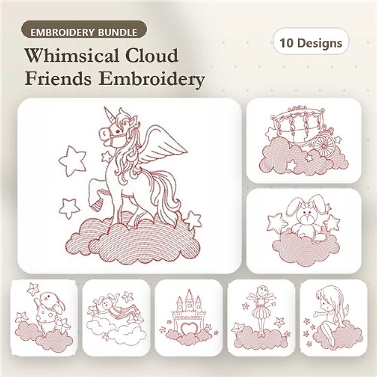 Redwork Cloud Friends Embroidery Designs Bundle – Unicorn, Bunny, Castle, Girl & More (10 Designs)