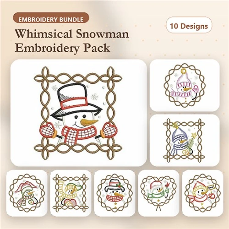 Redwork Snowman Embroidery Designs Bundle – Snowman with Red Hat, Snowman with Scarf, Snowman with Gifts & More (10 Designs)