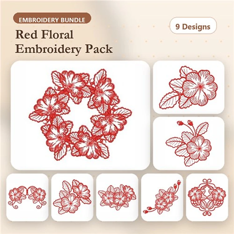 Redwork Floral Embroidery Bundle – Floral Wreath, Single Blossom, Double Blossom & More (9 Designs)