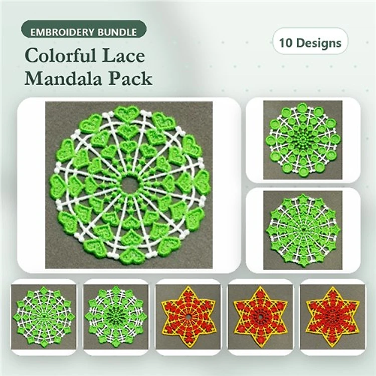 FSL Colorful Lace Mandala Embroidery Bundle – Mandala with Hearts, Star Mandala & More (10 Designs)