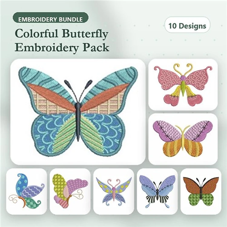 Colorful Butterflies Embroidery Bundle – Large Colorful Butterfly, Purple Butterfly with Patterns, Blue and Green Butterfly & More (10 Designs)