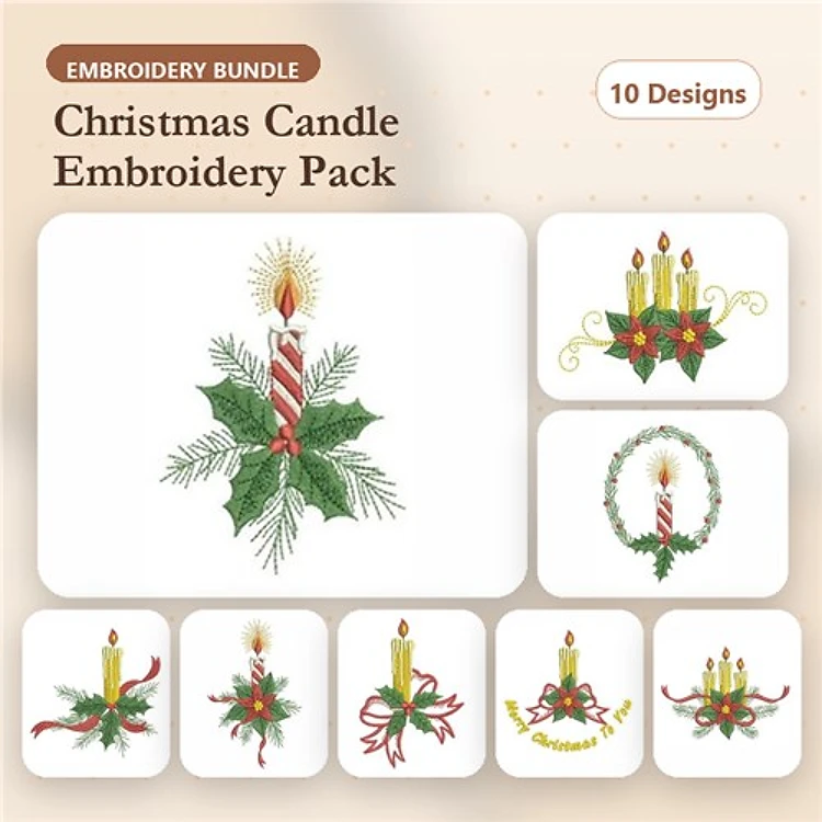 Christmas Candle Embroidery Designs Bundle – Candle with Holly, Candle Trio with Ribbons, & More (10 Designs)