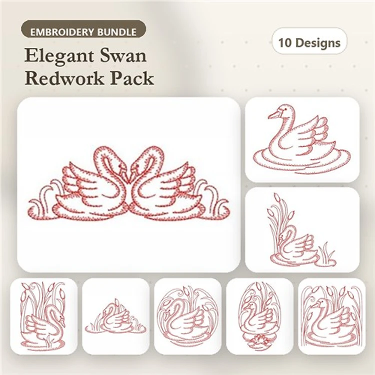 Redwork Elegant Swans Embroidery Designs Bundle – Swan Couple, Swan in Water, Swan Reflection & More (10 Designs)