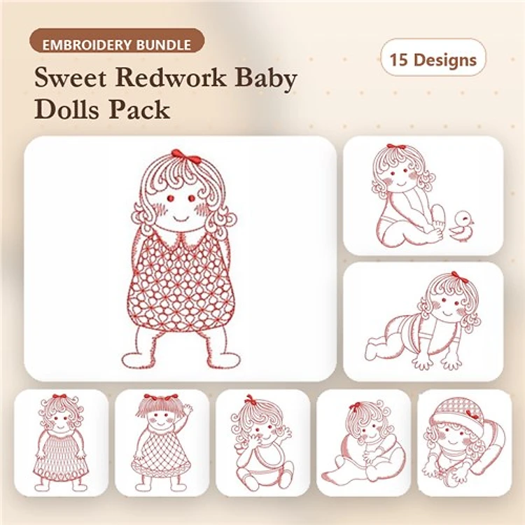 Redwork Baby Dolls Embroidery Bundle – Doll with Dress, Doll Sitting with Duck, Doll with Bow & More (15 Designs)