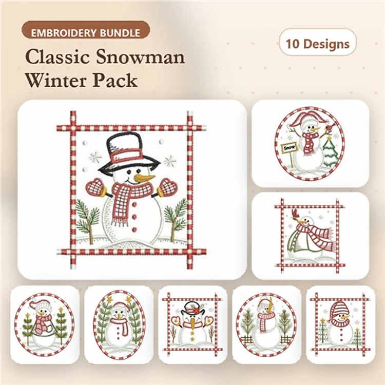 Redwork Classic Snowman Winter Embroidery Designs Bundle – Snowman with Scarf, Snowman in Frame, & More (10 Designs)