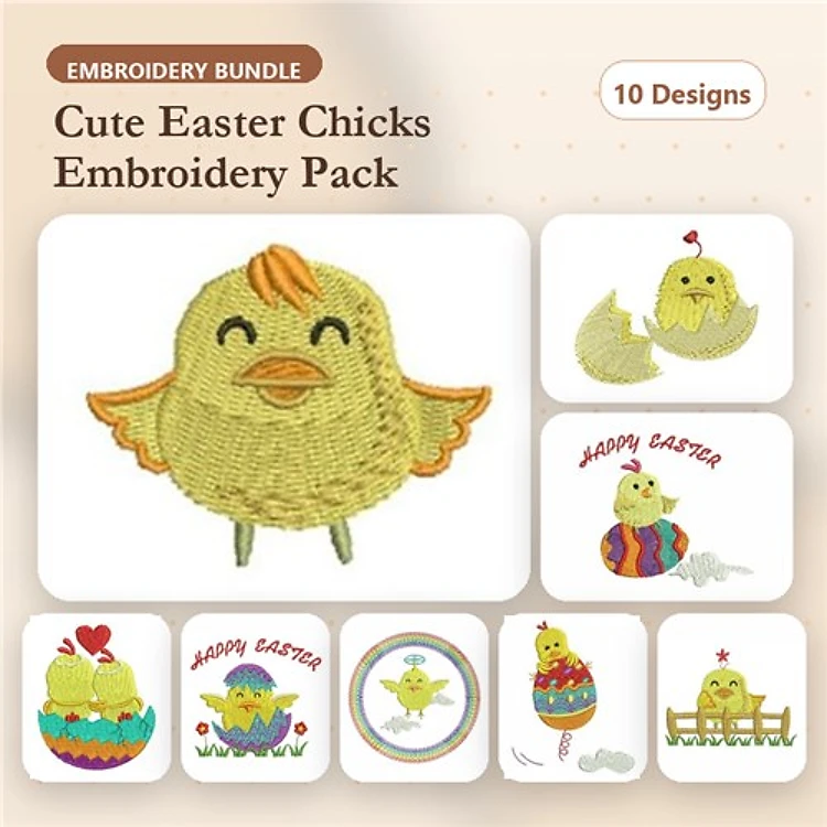Easter Chicks Embroidery Bundle – Cute Chick with Wings, Chick with Egg, Happy Easter Text & More (10 Designs)