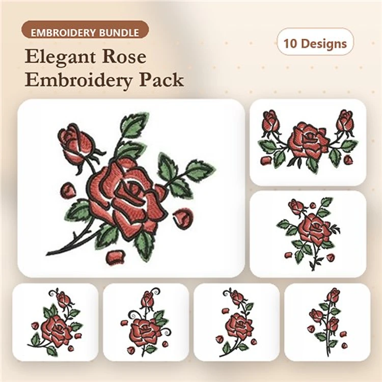 Elegant Roses Embroidery Bundle – Rose Bouquet, Single Rose, Spray of Roses & More (10 Designs)