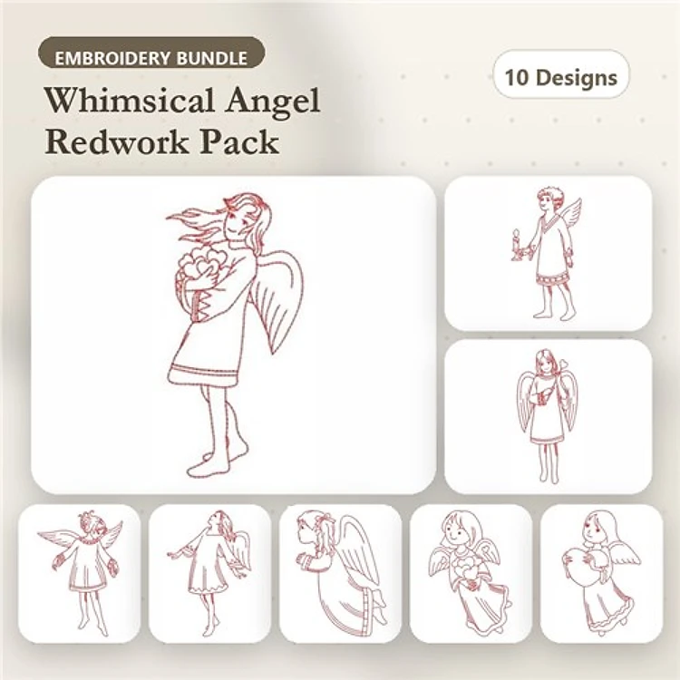 Redwork Angel Embroidery Bundle – Angel Holding Flowers, Angel with Gift, Angel Playing Harp & More (10 Designs)