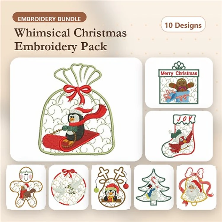 Festive Christmas Embroidery Designs Bundle – Penguin in Sleigh, Santa Claus in Stocking, Gingerbread Man & More (10 Designs)