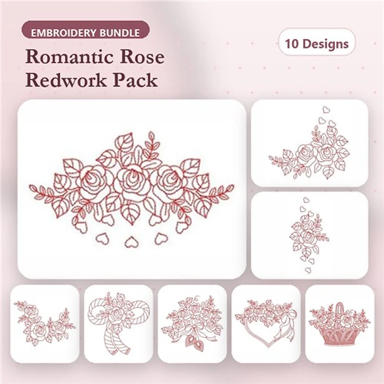 Redwork Romantic Roses Embroidery Designs Bundle – Rose Bouquet, Single Rose, Floral Wreath & More (10 Designs)