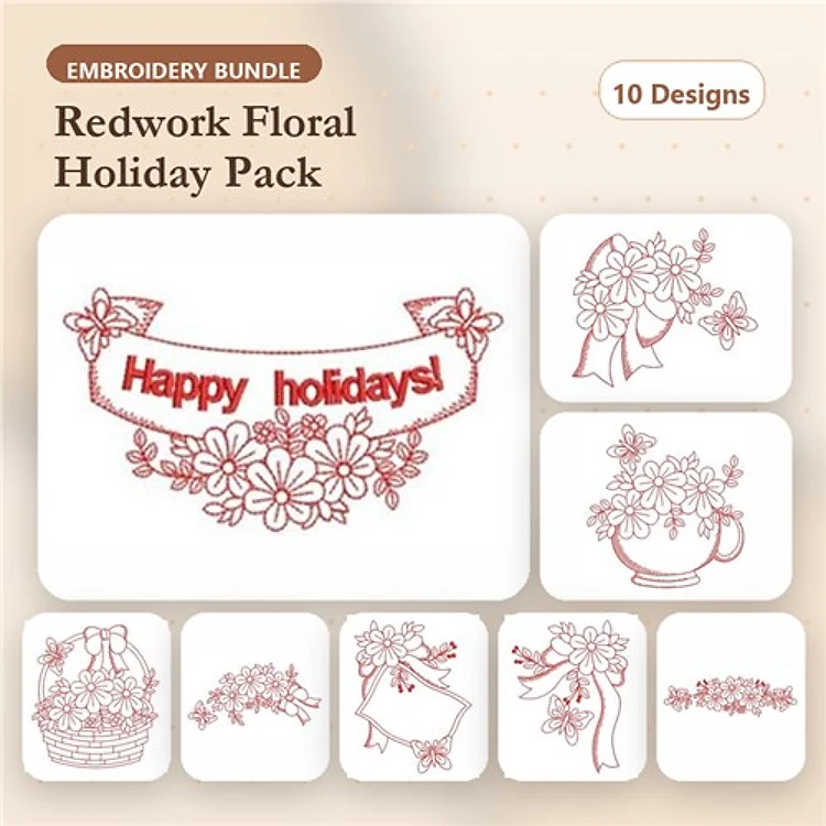 Redwork Floral Holiday Embroidery Bundle – Happy Holidays Banner, Floral Wreath, Flower Basket & More (10 Designs)