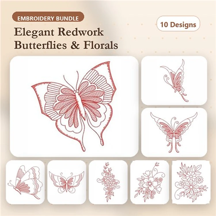 Redwork Elegant Butterflies & Florals Embroidery Bundle – Butterfly with Flowers, Ornate Butterfly, & More (10 Designs)
