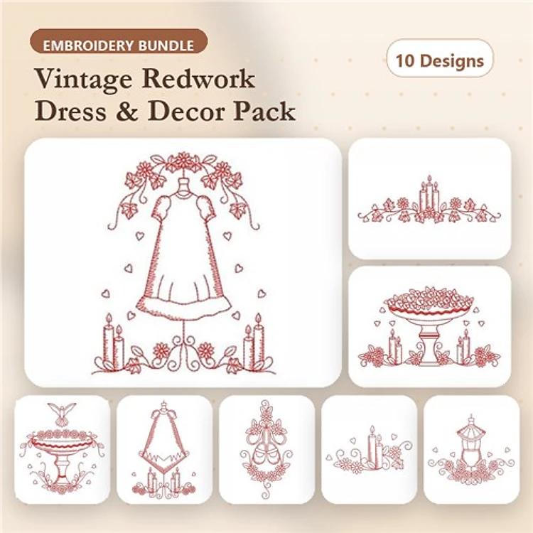 Redwork Vintage Dress & Decor Embroidery Designs Bundle – Roses, Candle Arrangement, Lace Tablecloth & More (10 Designs)