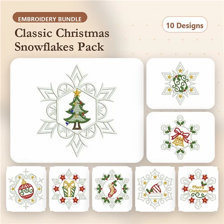 Christmas-Themed Embroidery Bundle – Christmas Tree, Snowflake Ornament, Bell & More (10 Designs)
