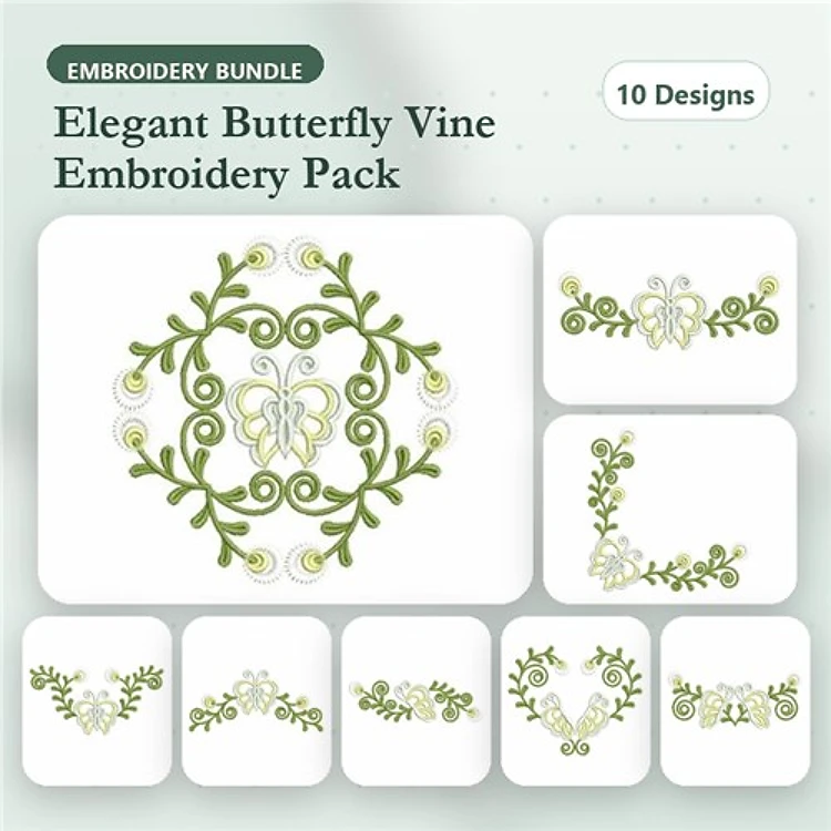 Butterflies & Vines Embroidery Designs Bundle – Butterfly Vine Circle, Elegant Butterfly, Swirling Vine & More (10 Designs)