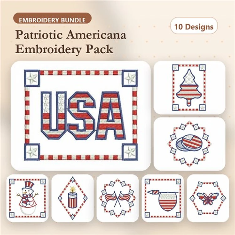 Redwork Patriotic Americana Embroidery Designs Bundle – USA, Flag Ornament, Reindeer & More (10 Designs)
