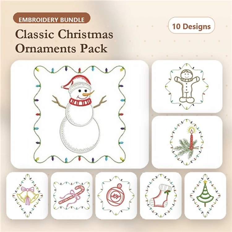 Redwork Classic Christmas Ornaments Embroidery Designs Bundle – Snowman, Gingerbread Man, Candle & More (10 Designs)