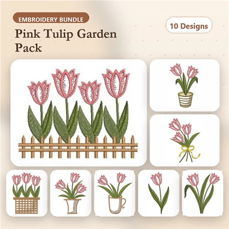 Pink Tulip Embroidery Designs Bundle – Bunch of Pink Tulips, Tulip Pot, Tulip Garden & More (10 Designs)