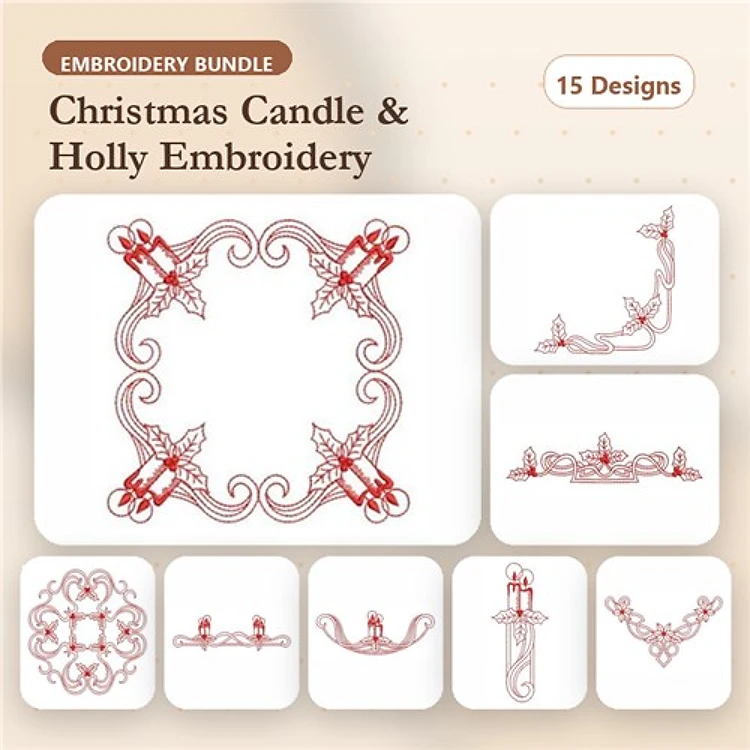 Redwork Christmas Candles & Holly Embroidery Bundle – Candle Holder, Holly Wreath, Candle Arrangement & More (15 Designs)
