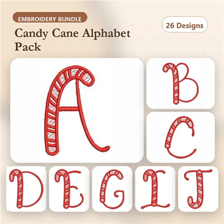 Redwork Candy Cane Alphabet Embroidery Designs Bundle – A, B, C, D & More (26 Designs)