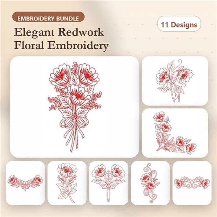 Redwork Floral Embroidery Designs Bundle – Floral Bouquet, Single Flower, Floral Stem & More (11 Designs)