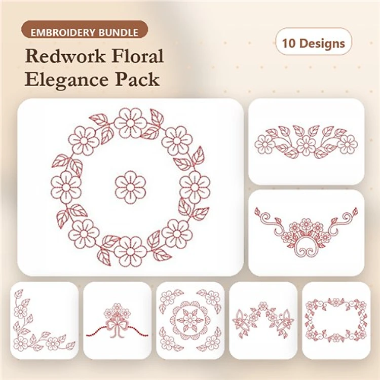 Redwork Floral Embroidery Bundle – Floral Wreath, Single Flower, Floral Border & More (10 Designs)