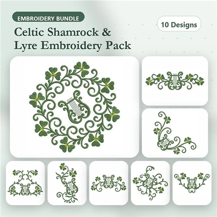 Celtic Shamrocks & Lyre Embroidery Designs Bundle – Shamrock Wreath, Lyre with Vines, & More (10 Designs)