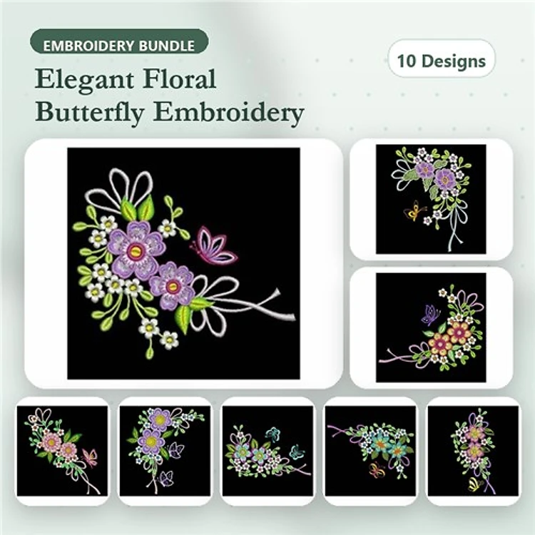 Elegant Floral Butterfly Embroidery Bundle – Floral Bouquet, Butterfly on Floral Design, & More (10 Designs)