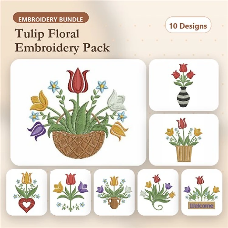 Tulip Floral Embroidery Designs Bundle – Tulip in Basket, Tulip Vase, Tulip Heart Shape & More (10 Designs)