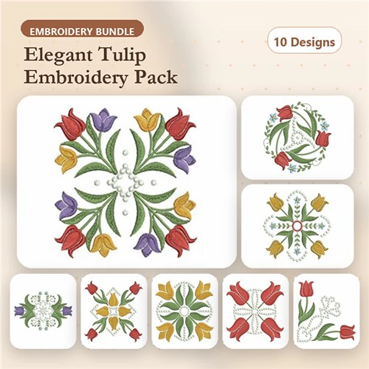 Floral Tulip Embroidery Designs Bundle – Tulip Circle, Floral Tulip Motif, Elegant Tulip Bouquet & More (10 Designs)