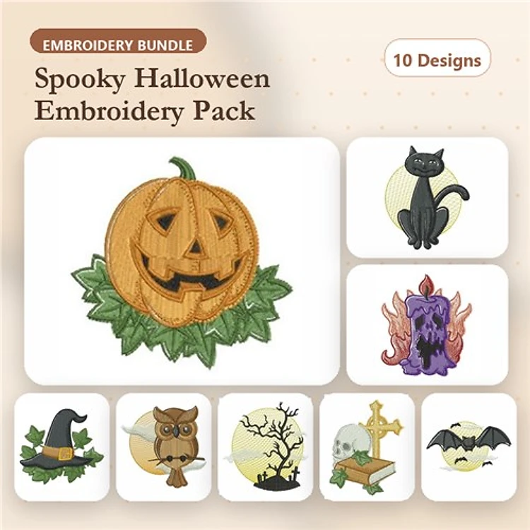 Halloween Embroidery Bundle – Jack-O-Lantern, Black Cat, Witch Hat & More (10 Designs)