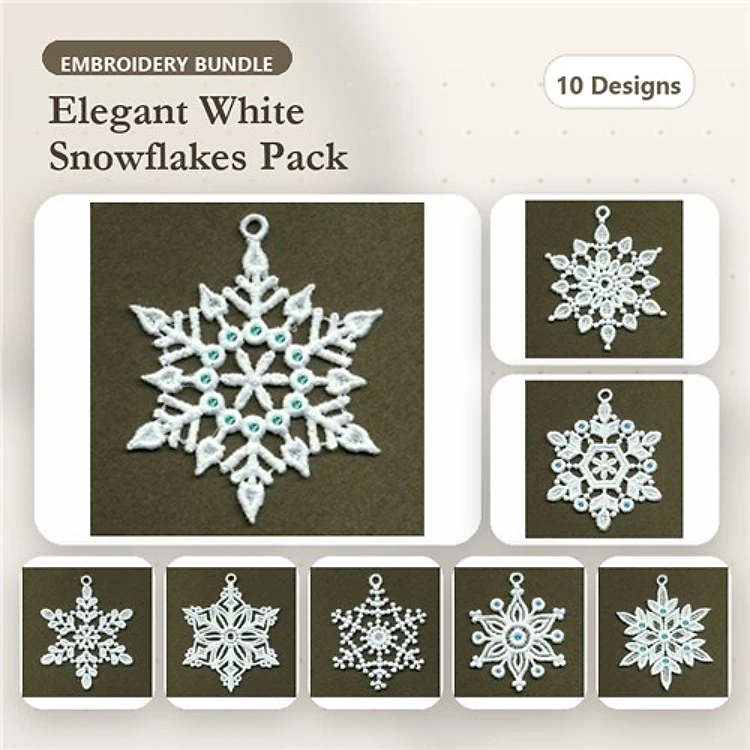 FSL Elegant Snowflake Ornaments Embroidery Bundle – Snowflake Ornament 1, Snowflake Ornament 2 & More (10 Designs)