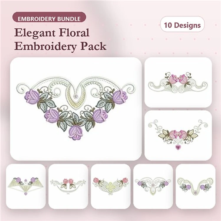 Elegant Floral Embroidery Designs Bundle – Floral Heart, Swag with Flowers, Corner Embellishment & More (10 Designs)