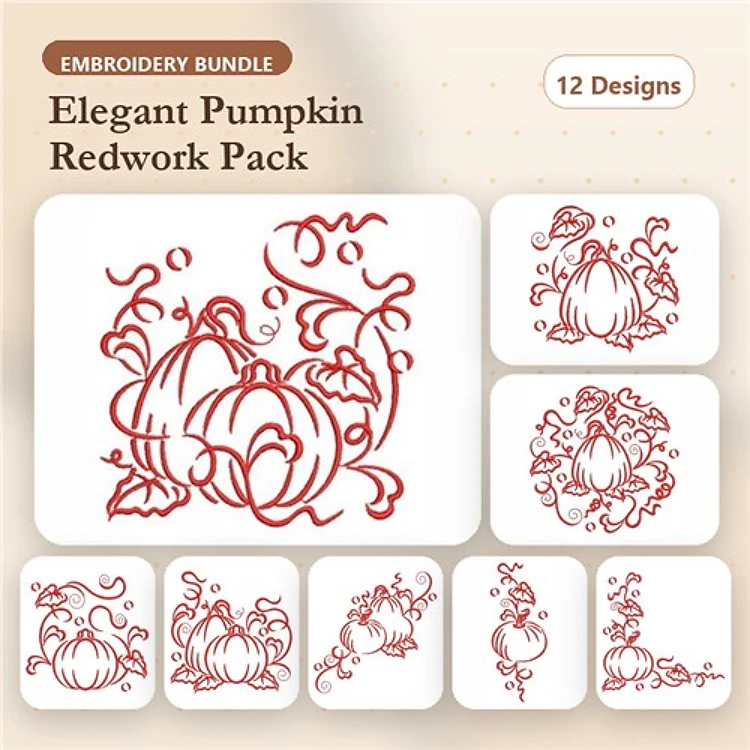 Redwork Elegant Pumpkins Embroidery Designs Bundle – Pumpkin with Vines, Ornamental Pumpkin, Pumpkin Arrangement & More (12 Designs)