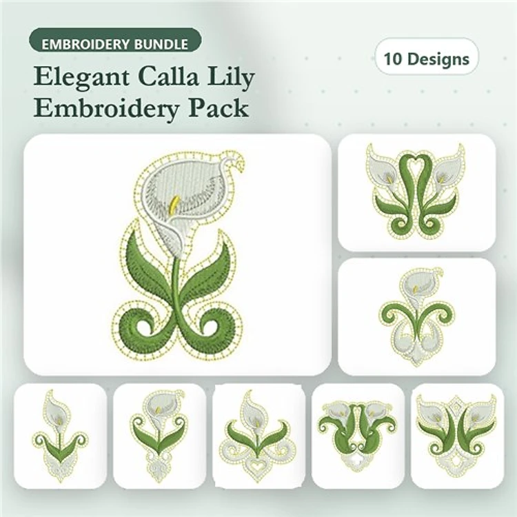 Elegant Calla Lily Embroidery Designs Bundle – Calla Lily with Leaves, Ornate Calla Lily, Simple Calla Lily & More (10 Designs)