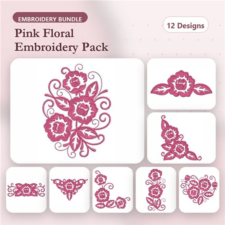 Pink Floral Embroidery Bundle – Floral Bouquet, Single Rose, Rose Cluster & More (12 Designs)