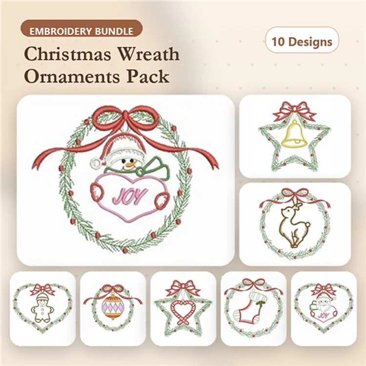 Christmas Wreath Ornament Embroidery Bundle – Snowman Wreath, Joy Wreath, Wreath with Bow & More (10 Designs)