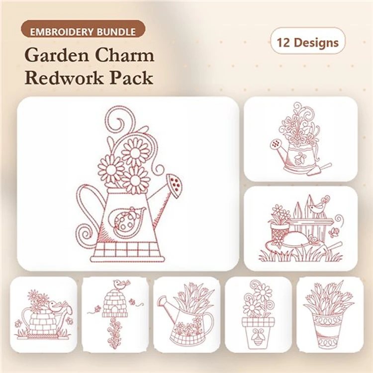 Redwork Garden Embroidery Bundle – Watering Can, Potted Flowers, Garden Tools & More (12 Designs)