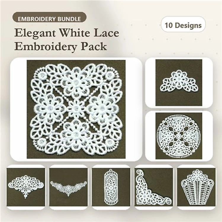 FSL Elegant Lace Embroidery Bundle – Floral Lace Square, Lace Doily, Lace Fan & More (10 Designs)