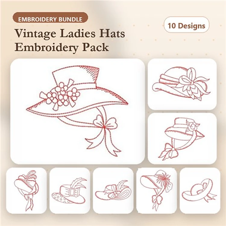 Redwork Vintage Ladies Hats Embroidery Designs Bundle – Wide Brim Hat, Elegant Hat, Straw Hat & More (10 Designs)