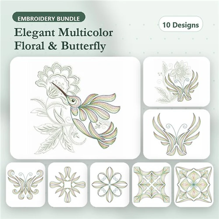 Rippled Elegant Multicolor Floral and Butterfly Embroidery Designs Bundle – Hummingbird with Flowers, Ornate Butterfly, & More (10 Designs)