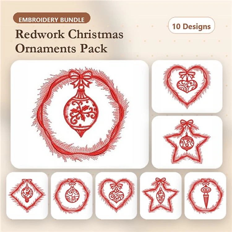 Redwork Christmas Ornament Embroidery Designs Bundle – Ornament with Bow, Christmas Bauble, Heart Ornament & More (10 Designs)
