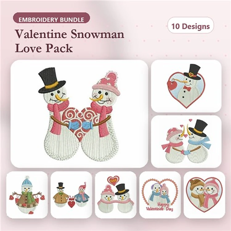 Snowman & Heart Embroidery Designs Bundle – Snowman Couple with Heart, Snowman with Candy Cane & More (10 Designs)