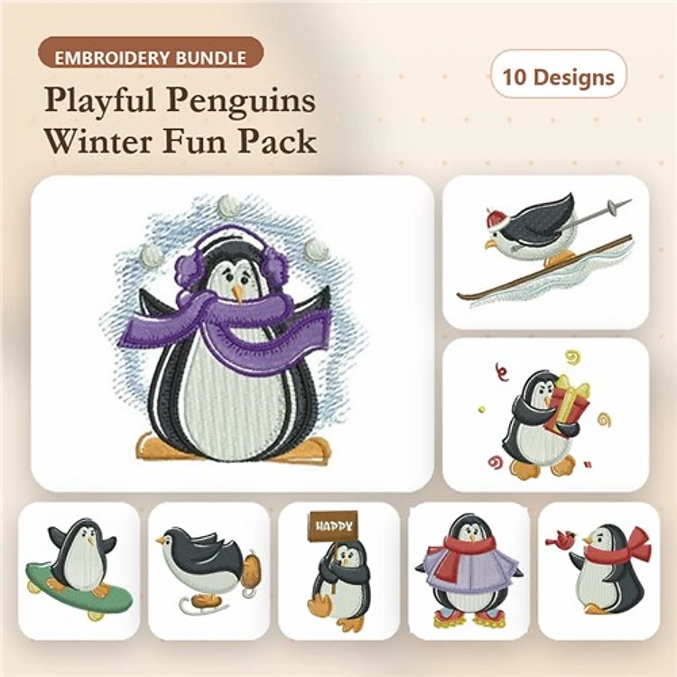 Playful Penguins Embroidery Bundle – Penguin with Scarf, Penguin on Ice, Penguin Sliding & More (10 Designs)