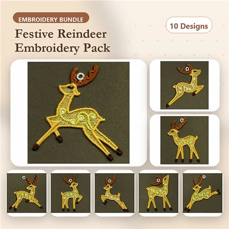 FSL Festive Reindeer Embroidery Bundle – Cheerful Reindeer with Red Nose & More (10 Designs)