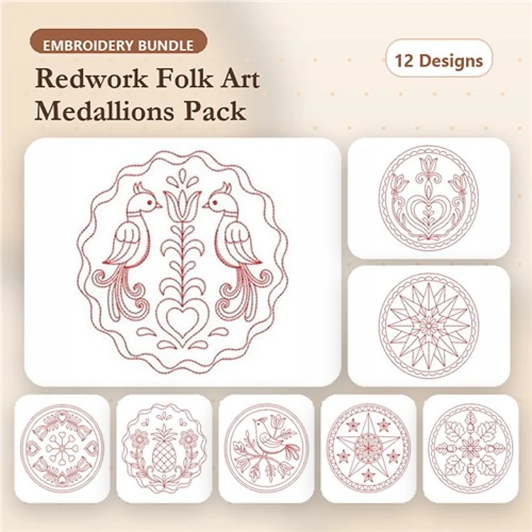 Redwork Folk Art Medallions Embroidery Designs Bundle – Two Birds, Floral Circle, Star & More (12 Designs)