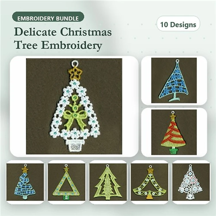 FSL Delicate Christmas Trees Embroidery Bundle – Lace Christmas Tree, Geometric Tree, Striped Tree & More (10 Designs)