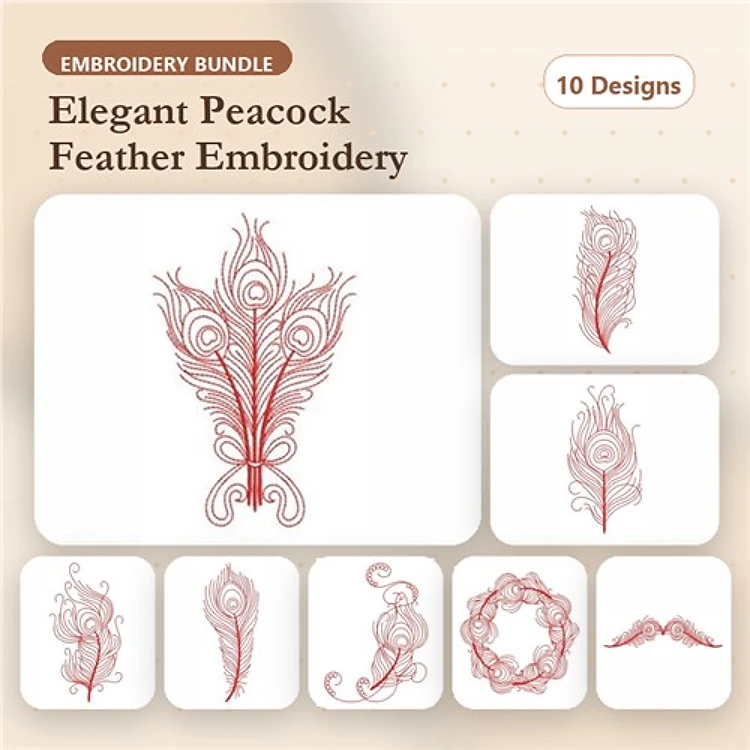 Redwork Peacock Feather Embroidery Bundle – Elegant Feathers & Intricate Detailing (10 Designs)